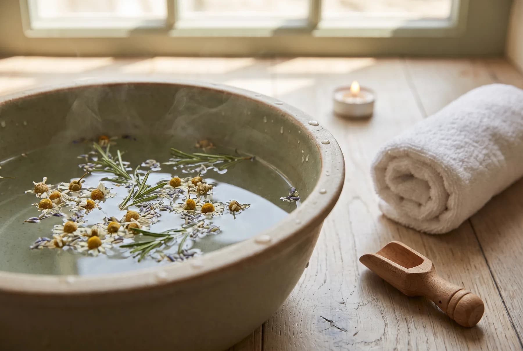 Nahaufnahme einer Schale mit warmem Kräuterbad, Kamillenblüten und Rosmarin, daneben ein gerolltes weißes Handtuch.