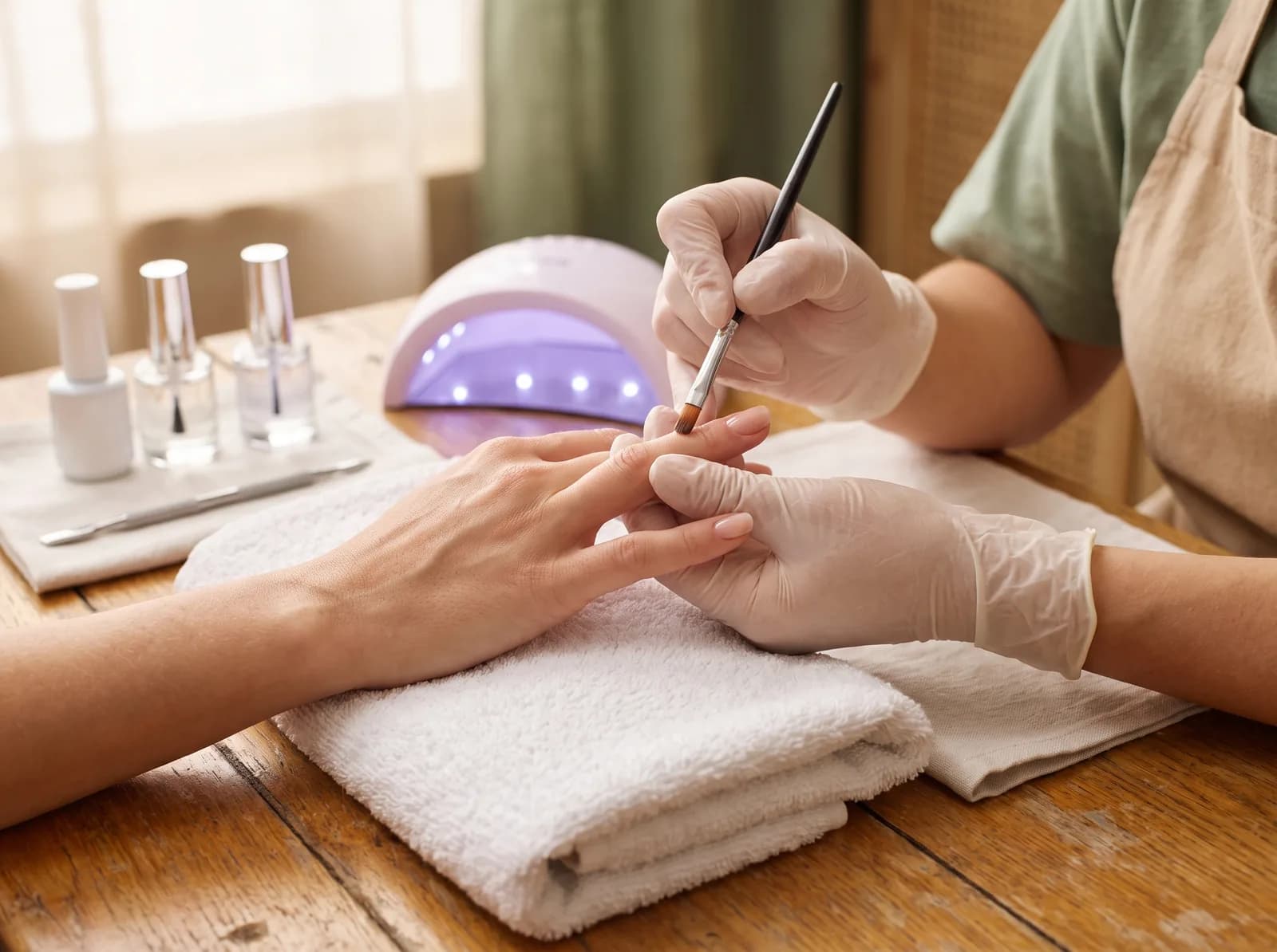 Fingernagelmodellage: ein feiner Pinsel trägt glänzenden Gel-Lack auf einen sorgfältig geformten Nagel auf.