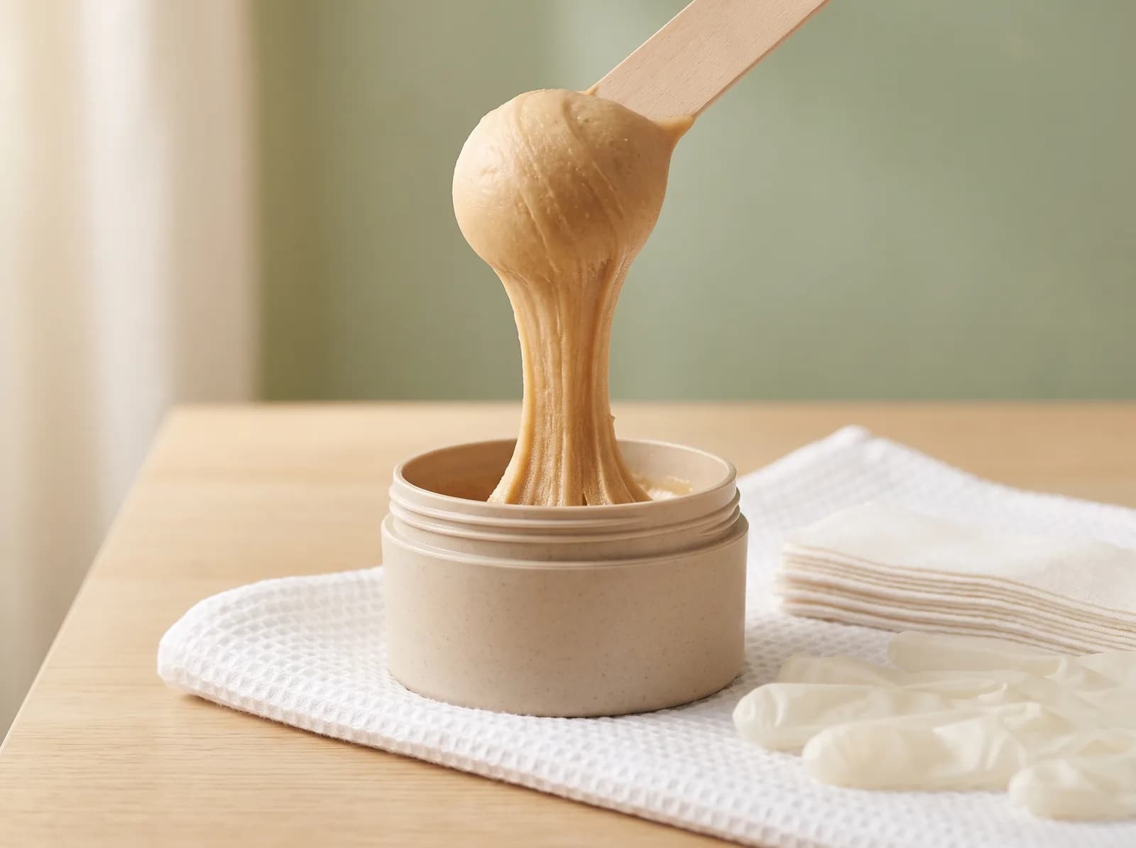 Cremefarbene orientalische Zuckerpaste für die schonende Enthaarung wird mit einem Holzspatel aus einem Tiegel gezogen.